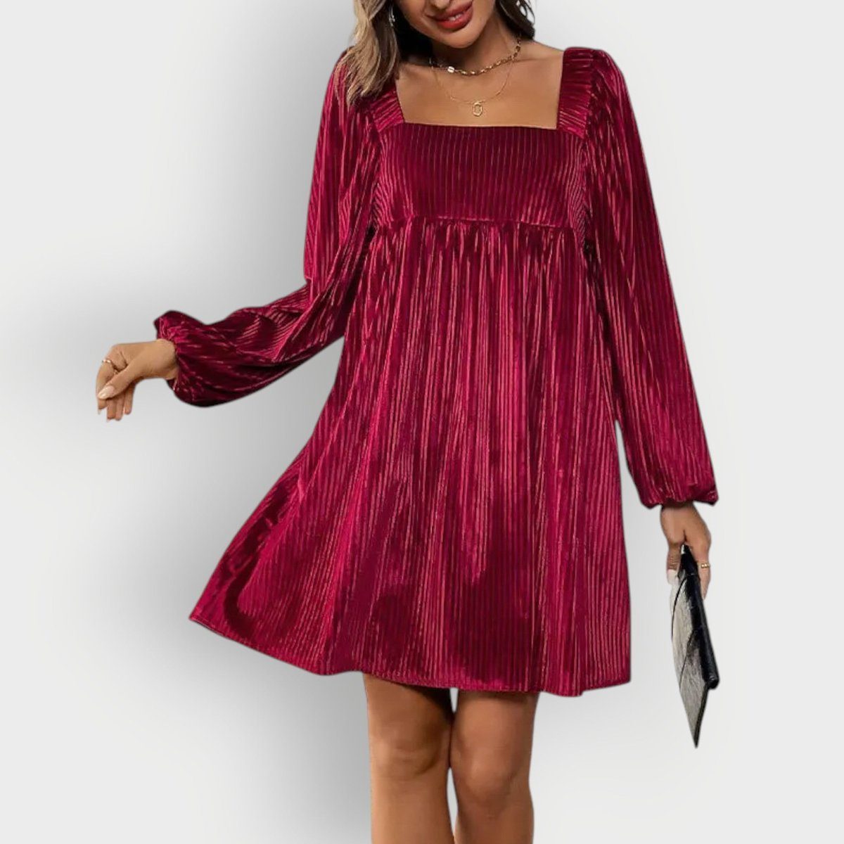 Velvet Formal Pleated Dress with Square Neck and Long Sleeves for Women in Wine Red