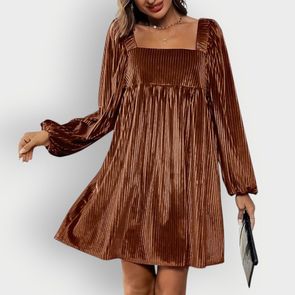 Velvet Formal Pleated Dress with Square Neck and Long Sleeves for Women in Brown