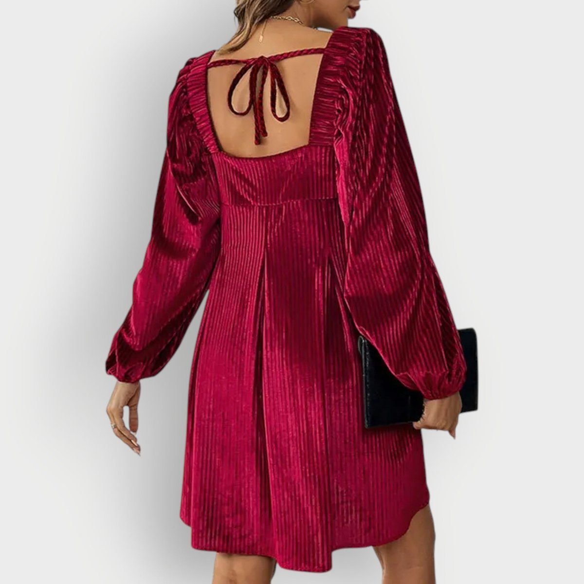 Velvet Formal Pleated Dress with Square Neck and Long Sleeves for Women