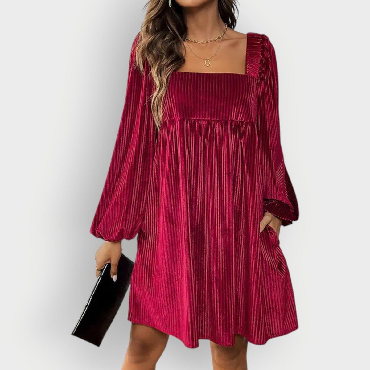 Velvet Formal Pleated Dress with Square Neck and Long Sleeves for Women