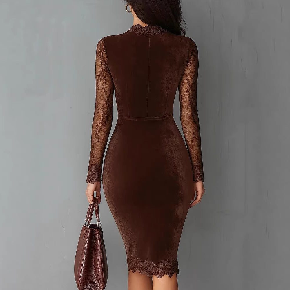 Velvet Midi Dress with Lace Inserts for Women