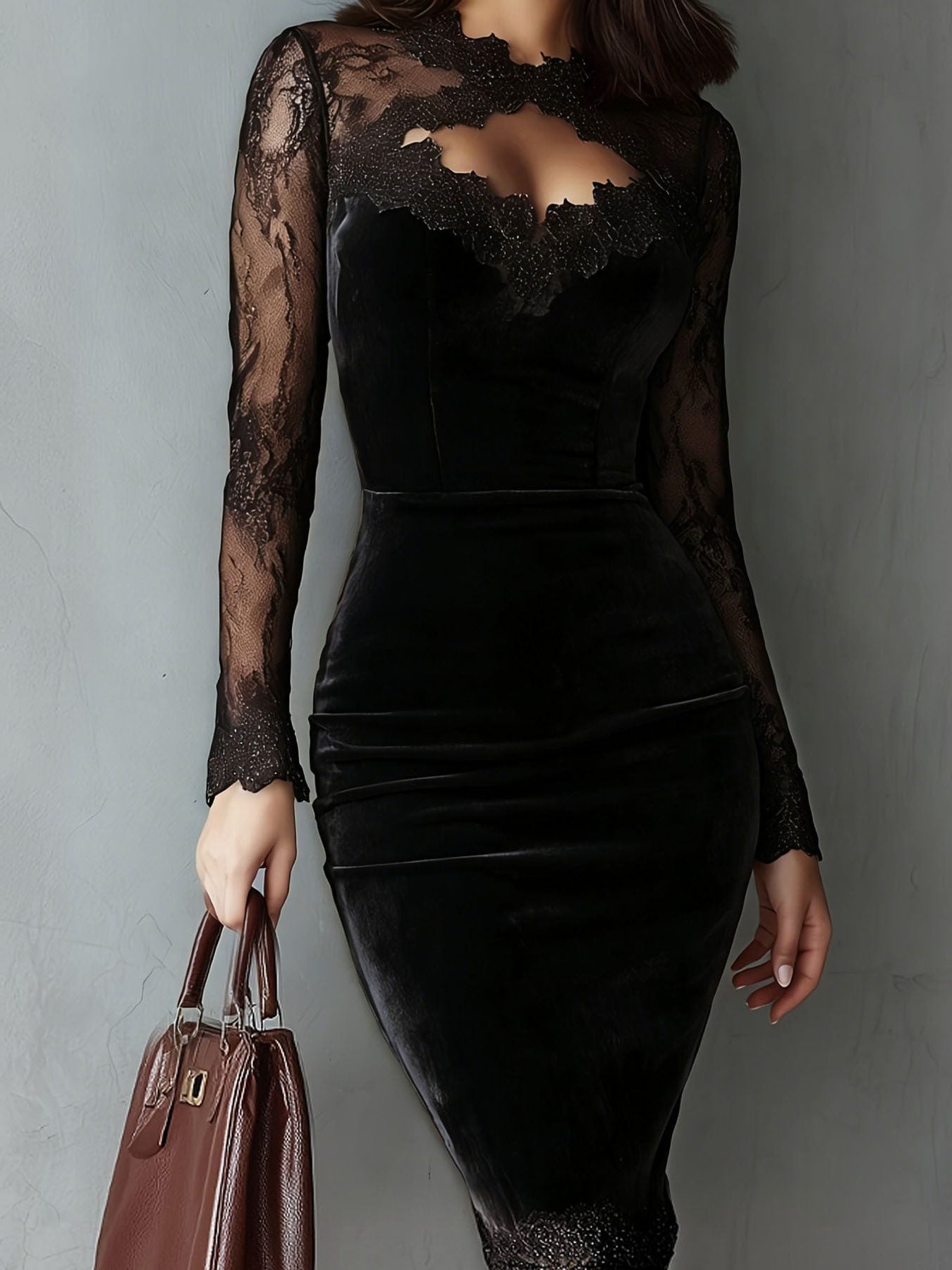 Velvet Midi Dress with Lace Inserts for Women in Black
