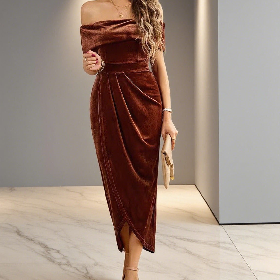 Velvet Off-Shoulder Maxi Dress with Draped Split for Women