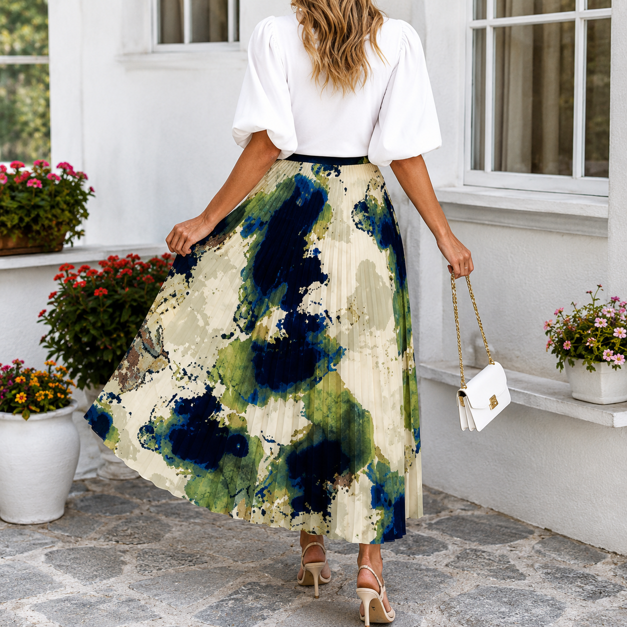 Wedding Guest Patterned Pleated Maxi Skirt for Women