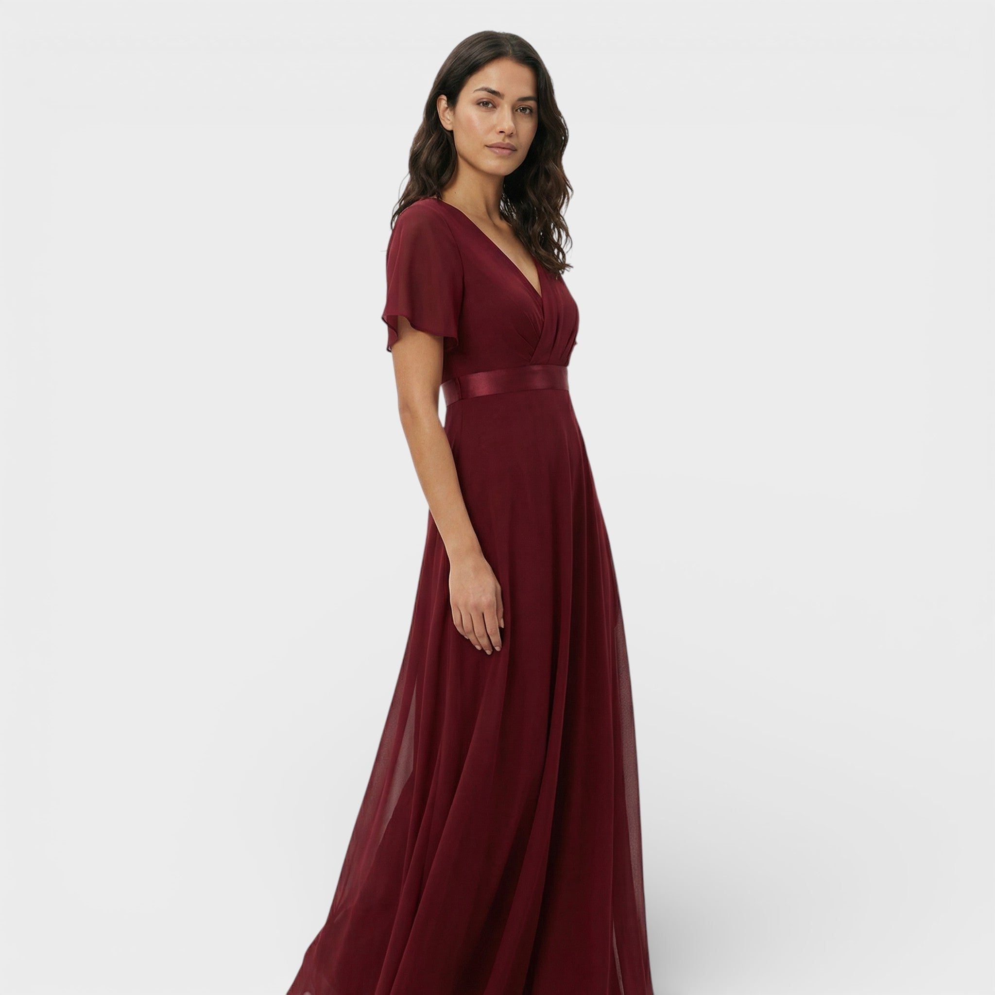 Wedding Guest Pleated Maxi Dress with V-Neck for Women in Red