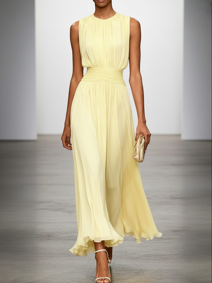 Wedding Guest Sleeveless A-Line Maxi Dress with Ruched Waist for Women in Yellow