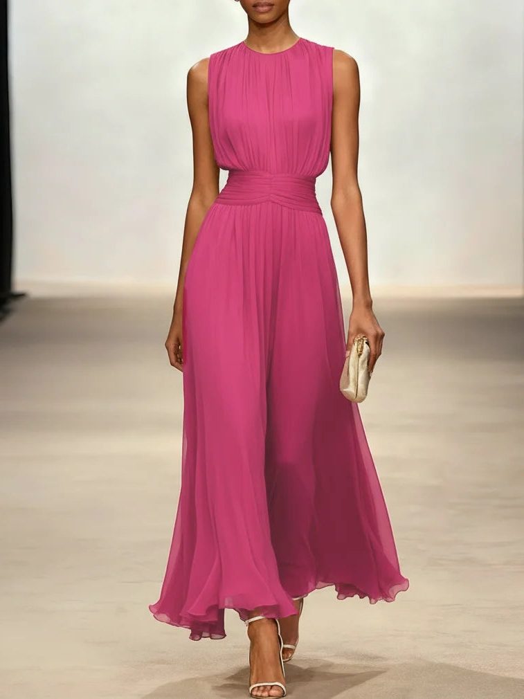 Wedding Guest Sleeveless A-Line Maxi Dress with Ruched Waist for Women in Dark Pink