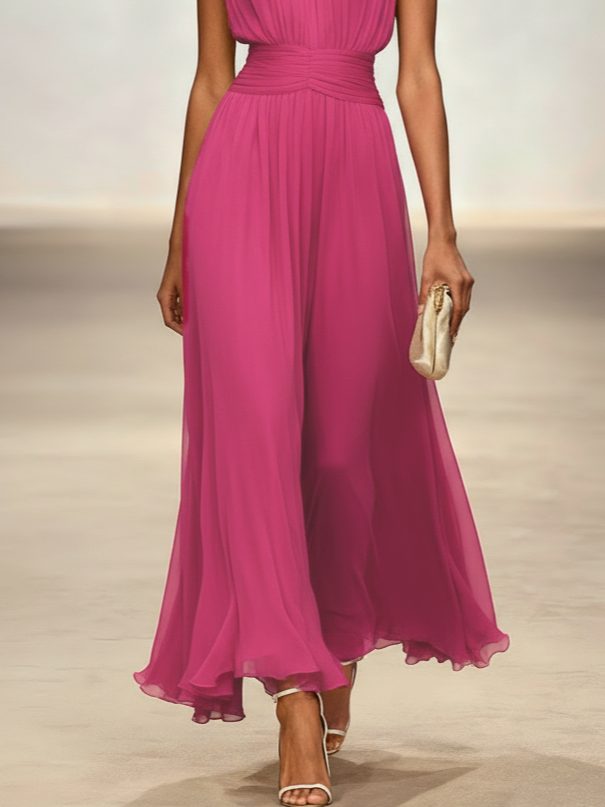 Wedding Guest Sleeveless A-Line Maxi Dress with Ruched Waist for Women