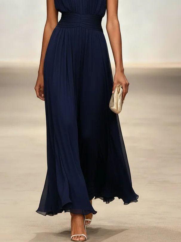 Wedding Guest Sleeveless A-Line Maxi Dress with Ruched Waist for Women