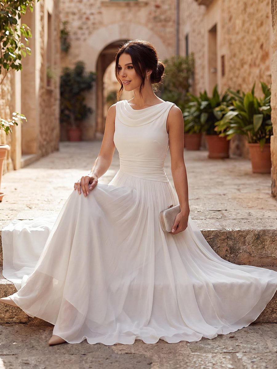 Wedding Guest Sleeveless Pleated Midi Dress with Draped Neck for Women