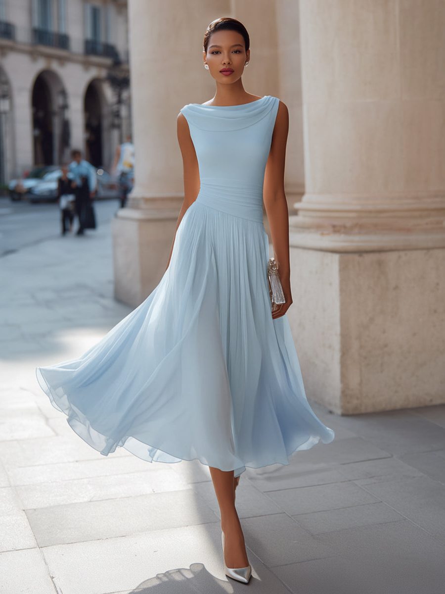 Wedding Guest Sleeveless Pleated Midi Dress with Draped Neck for Women in Sky Blue