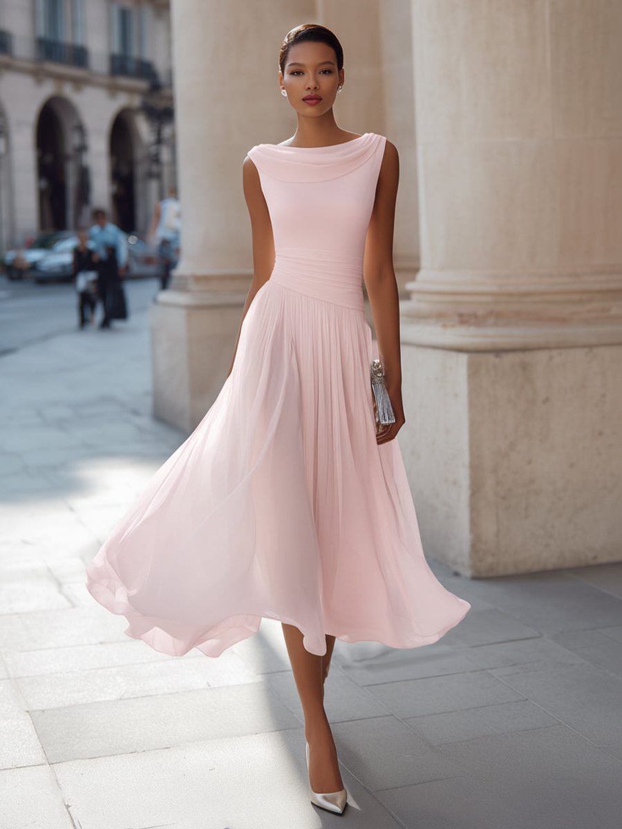Wedding Guest Sleeveless Pleated Midi Dress with Draped Neck for Women in Pink