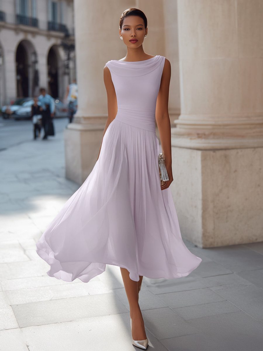 Wedding Guest Sleeveless Pleated Midi Dress with Draped Neck for Women in Lavender