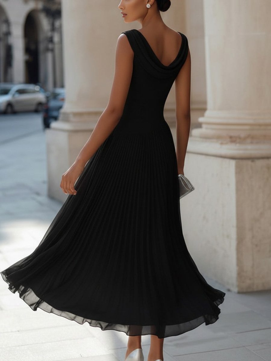 Wedding Guest Sleeveless Pleated Midi Dress with Draped Neck for Women