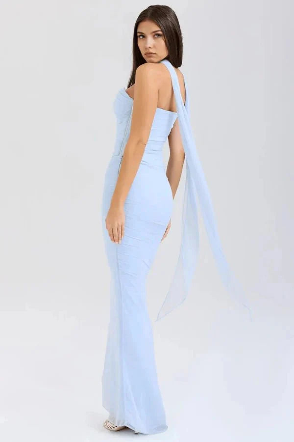 Wedding Guest Strapless Maxi Dress for Women with Bodycon Fit in Light Blue