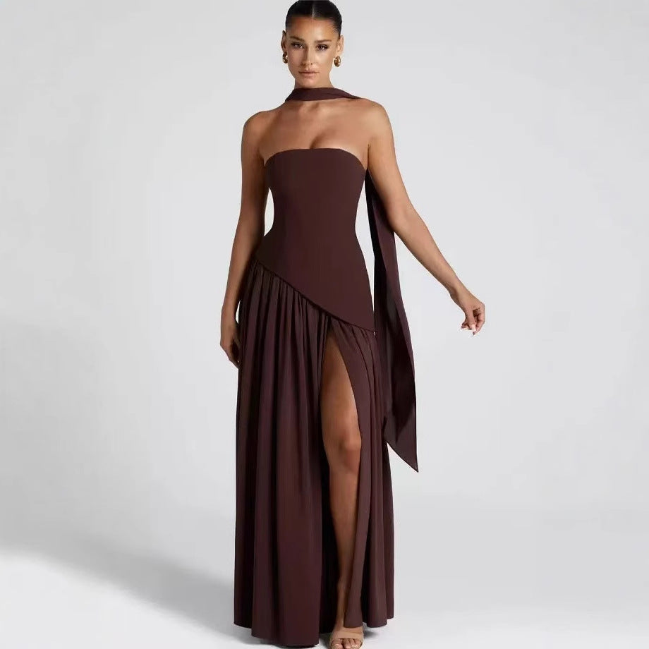 Wedding Guest Strapless Maxi Dress with Leg Split for Women in Brown
