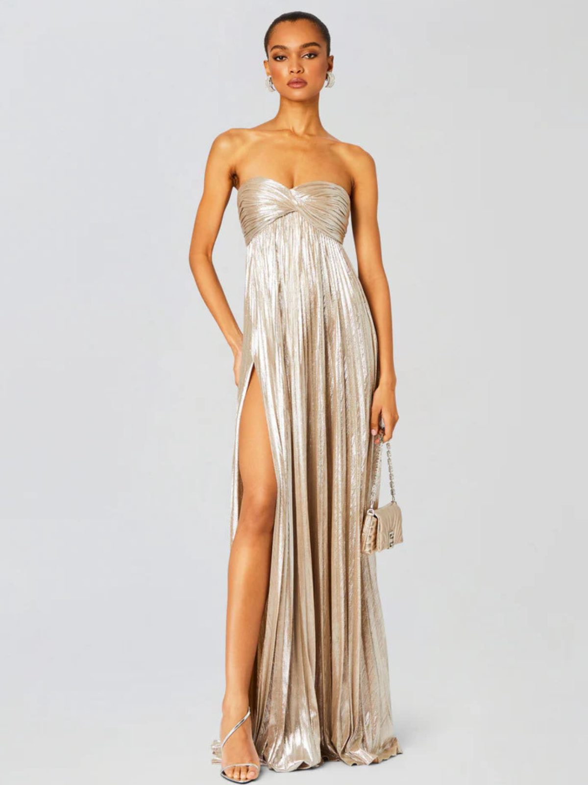 Wedding Guest Strapless Maxi Dress with Twisted Bodice and Leg Split in Champagne