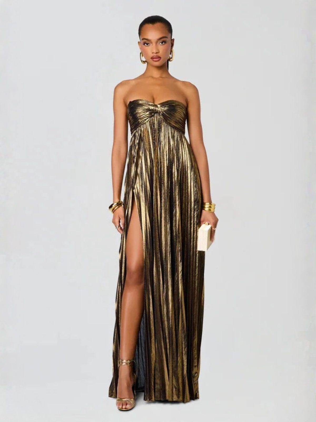 Wedding Guest Strapless Maxi Dress with Twisted Bodice and Leg Split in Dark Brown