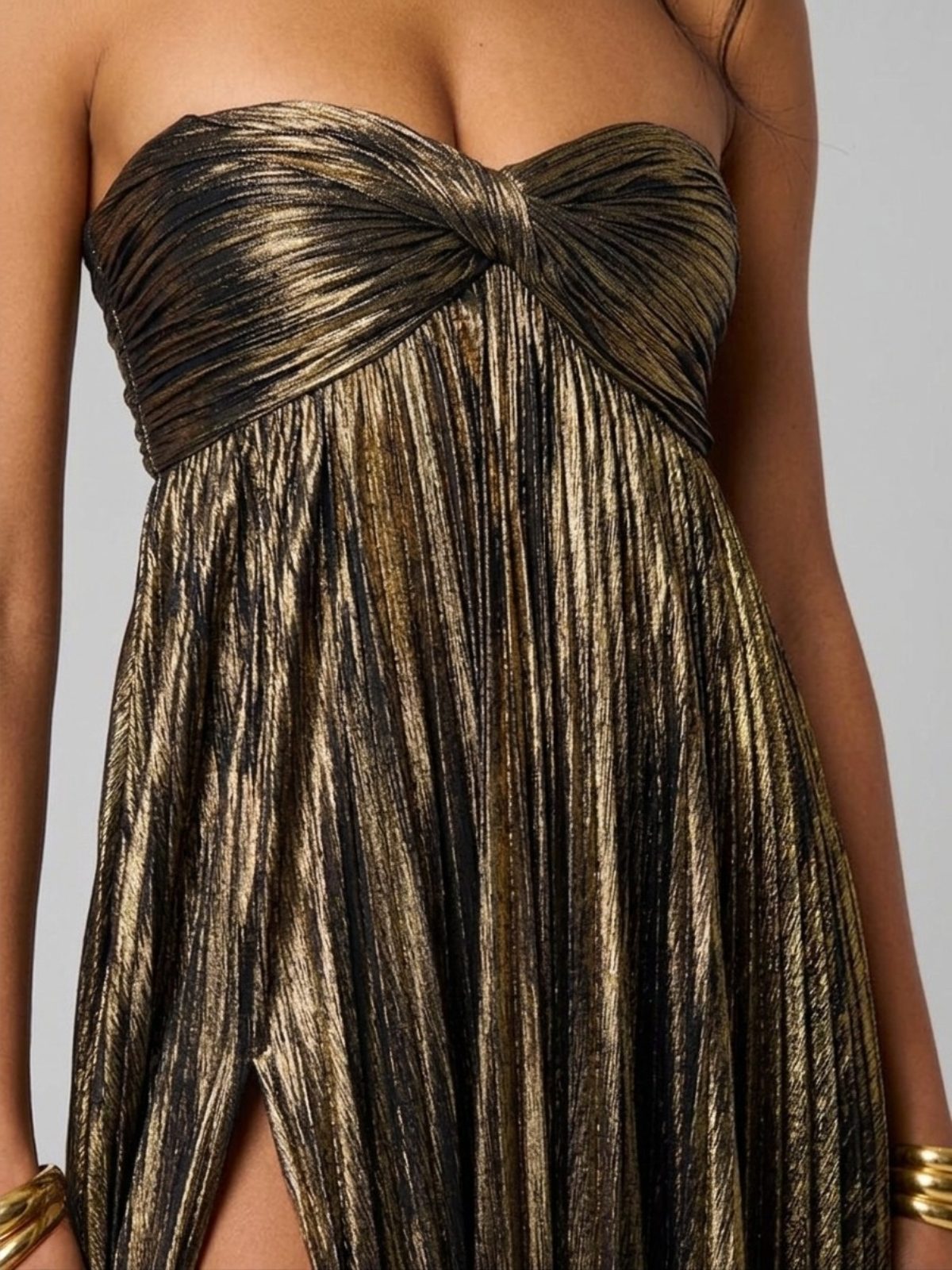Wedding Guest Strapless Maxi Dress with Twisted Bodice and Leg Split