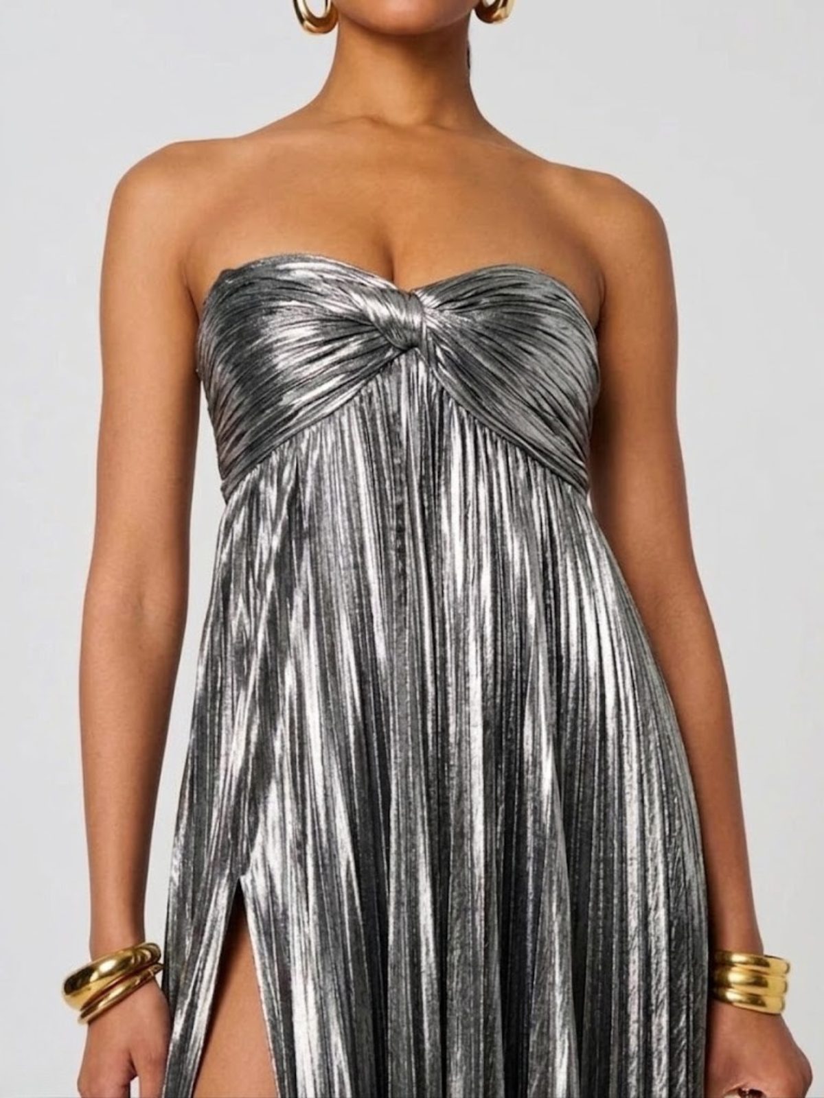 Wedding Guest Strapless Maxi Dress with Twisted Bodice and Leg Split