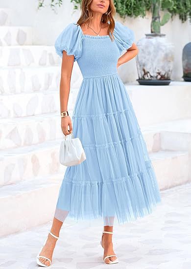 Wedding Guest Tiered Maxi Dress with Puff Sleeves for Women in Light Blue
