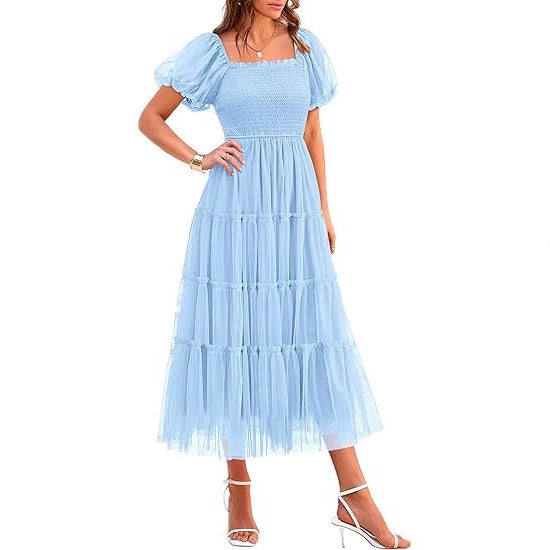 Wedding Guest Tiered Maxi Dress with Puff Sleeves for Women