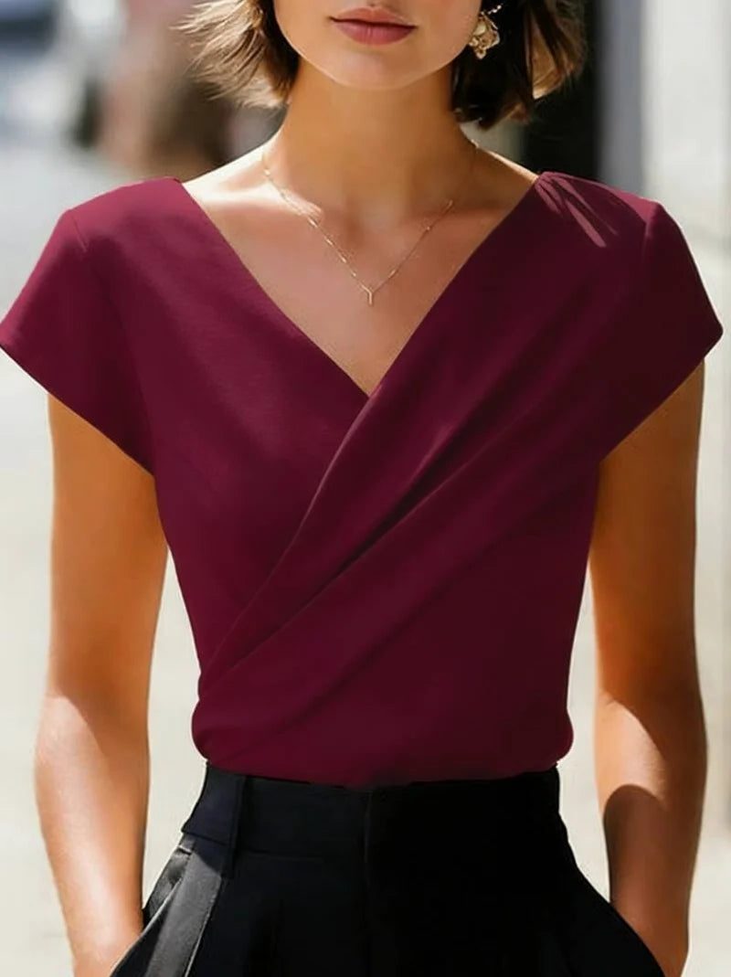 Wrap Blouse with V-Neck and Short Sleeves for Women in Burgundy