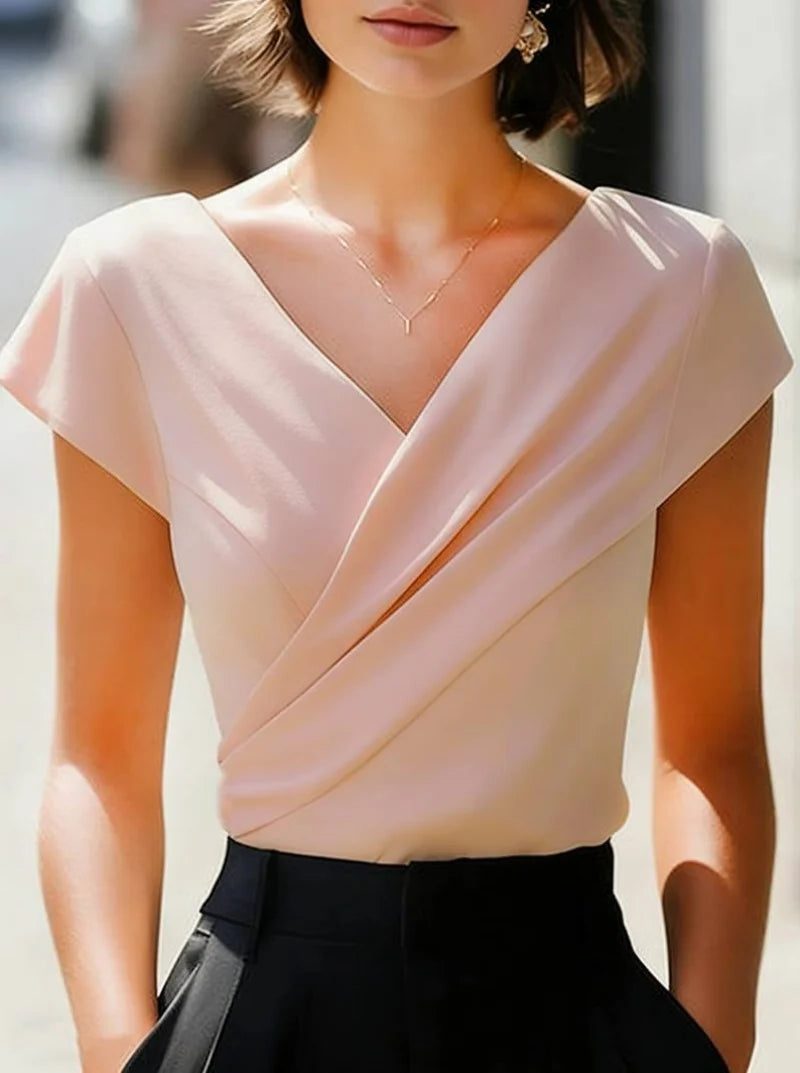 Wrap Blouse with V-Neck and Short Sleeves for Women in Pink