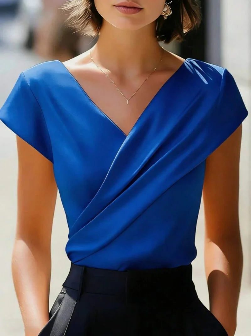 Wrap Blouse with V-Neck and Short Sleeves for Women in Blue