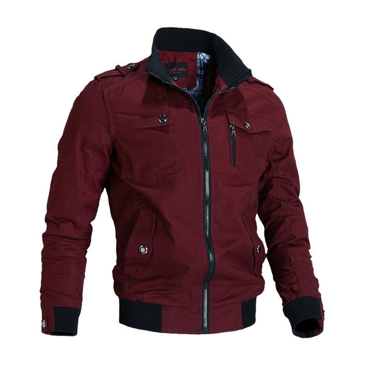Zip-Up Bomber Jacket with Stand Collar for Men in Red