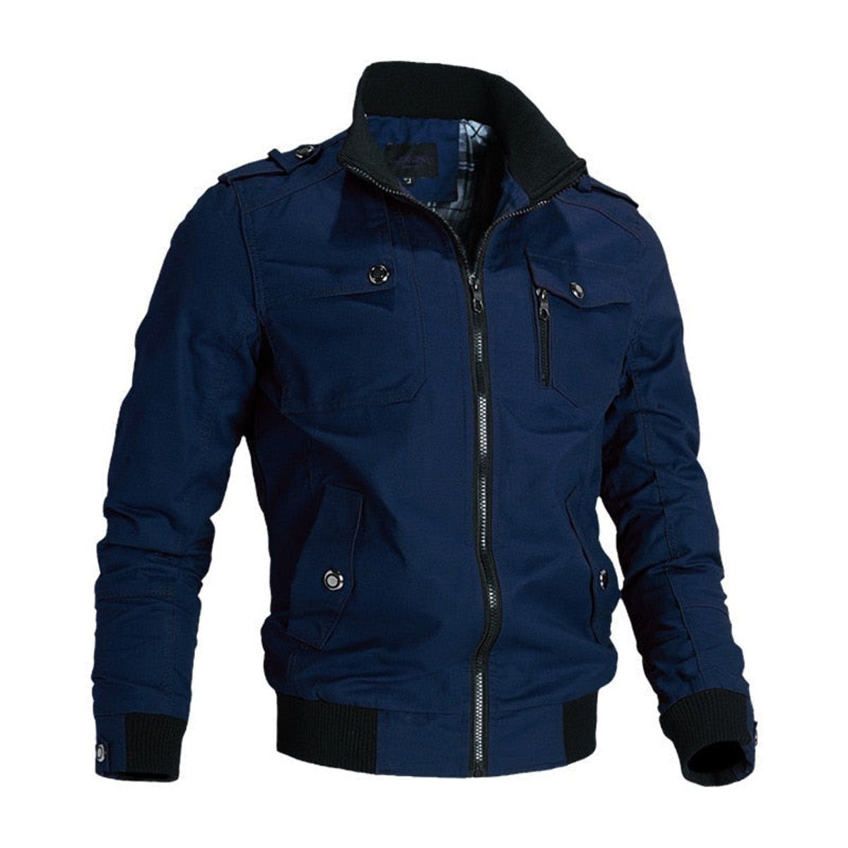 Zip-Up Bomber Jacket with Stand Collar for Men in Blue