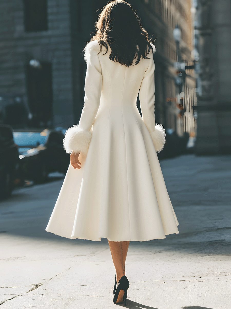 A-Line Flared Coat with Faux Fur Collar and Cuffs for Women