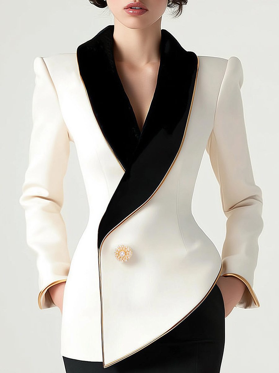Asymmetrical Blazer with Contrast Lapels and Long Sleeves for Women in White