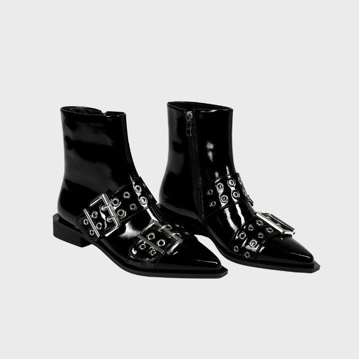 Biker Boots with Pointed Toe and Buckle for Women in Black