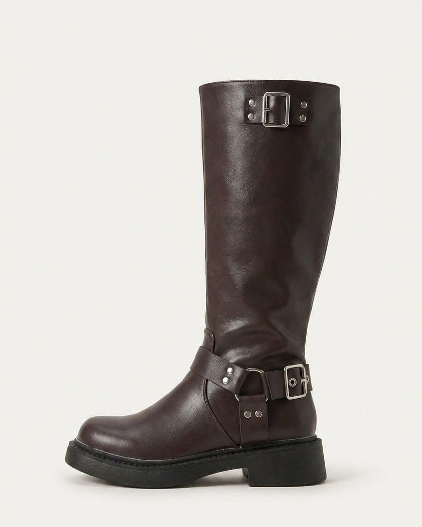 Block Heel Leather-Look Knee High Boots with Buckle Harness for Women in Cedar Brown