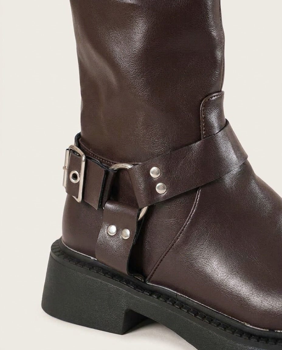 Block Heel Leather-Look Knee High Boots with Buckle Harness for Women