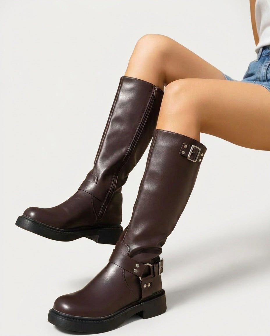 Block Heel Leather-Look Knee High Boots with Buckle Harness for Women