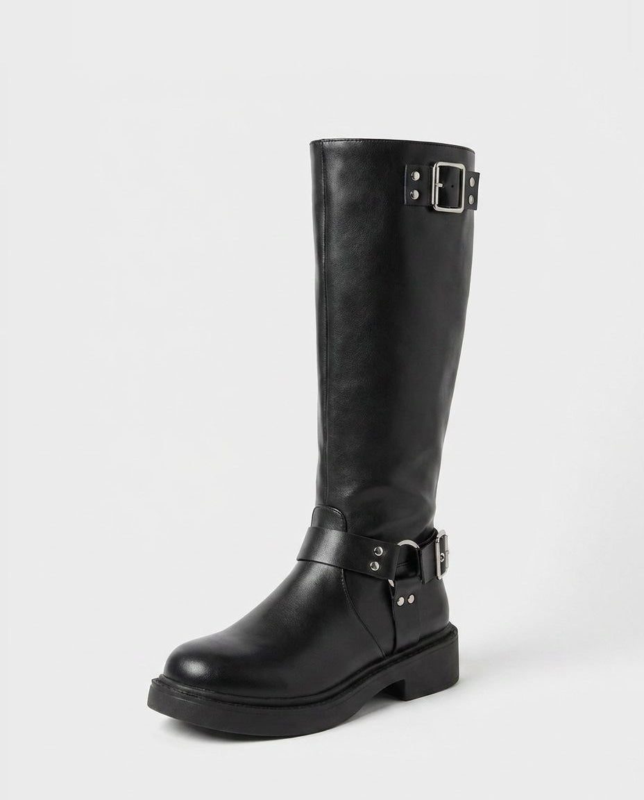 Block Heel Leather-Look Knee High Boots with Buckle Harness for Women