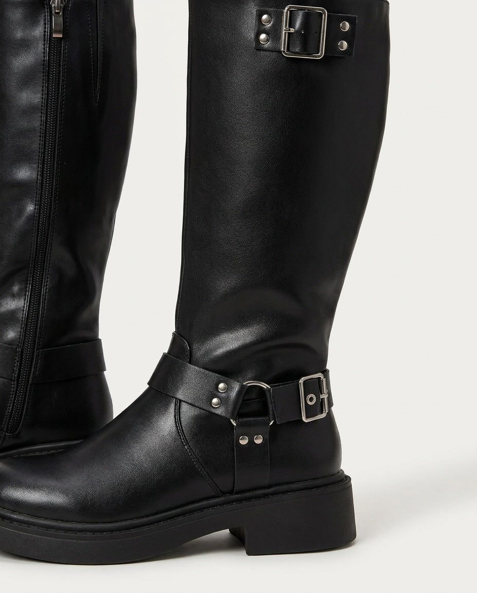 Block Heel Leather-Look Knee High Boots with Buckle Harness for Women