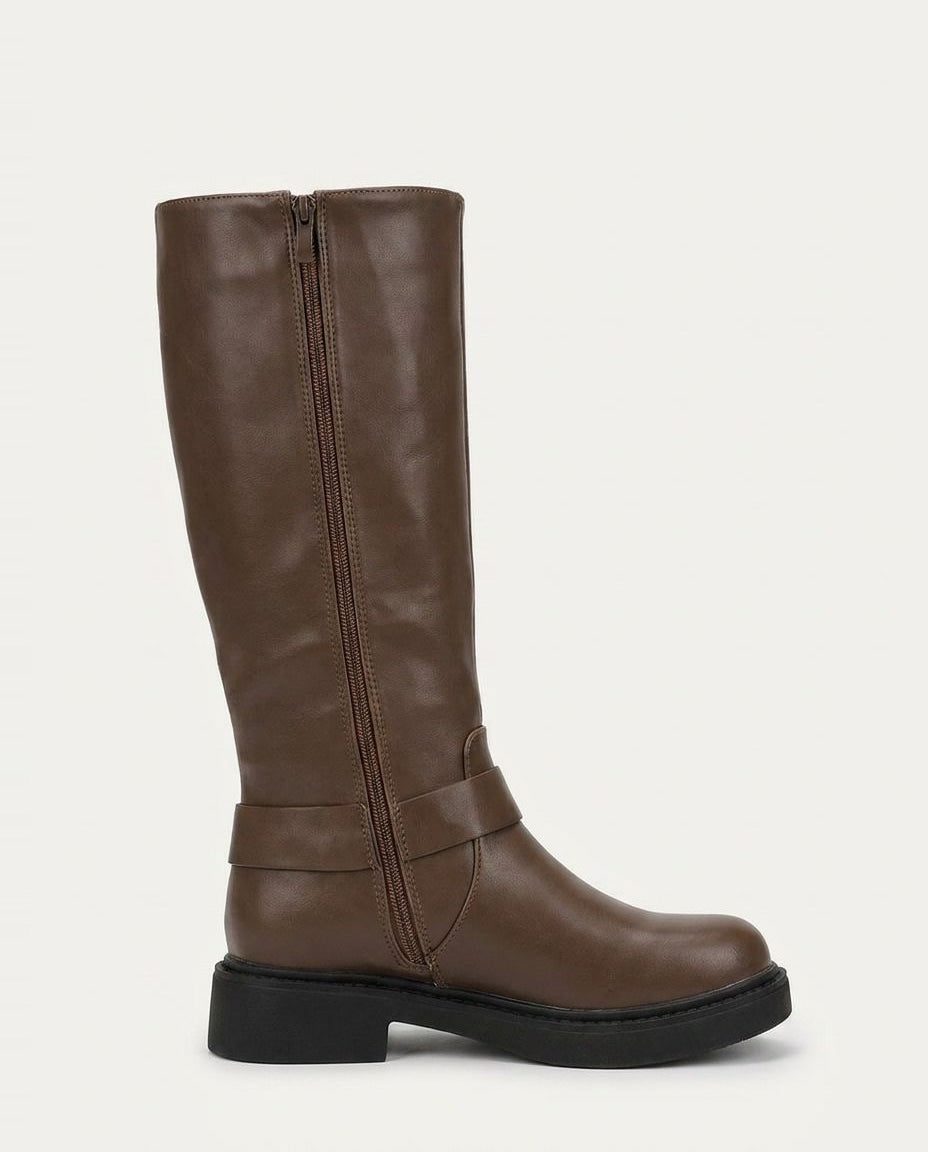 Block Heel Leather-Look Knee High Boots with Buckle Harness for Women