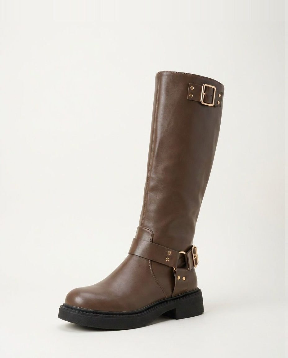 Block Heel Leather-Look Knee High Boots with Buckle Harness for Women