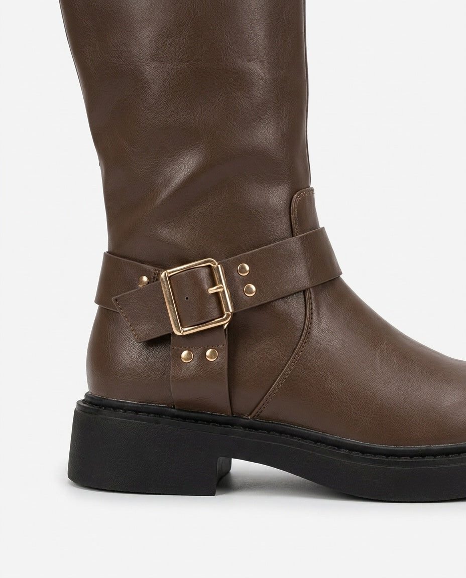 Block Heel Leather-Look Knee High Boots with Buckle Harness for Women