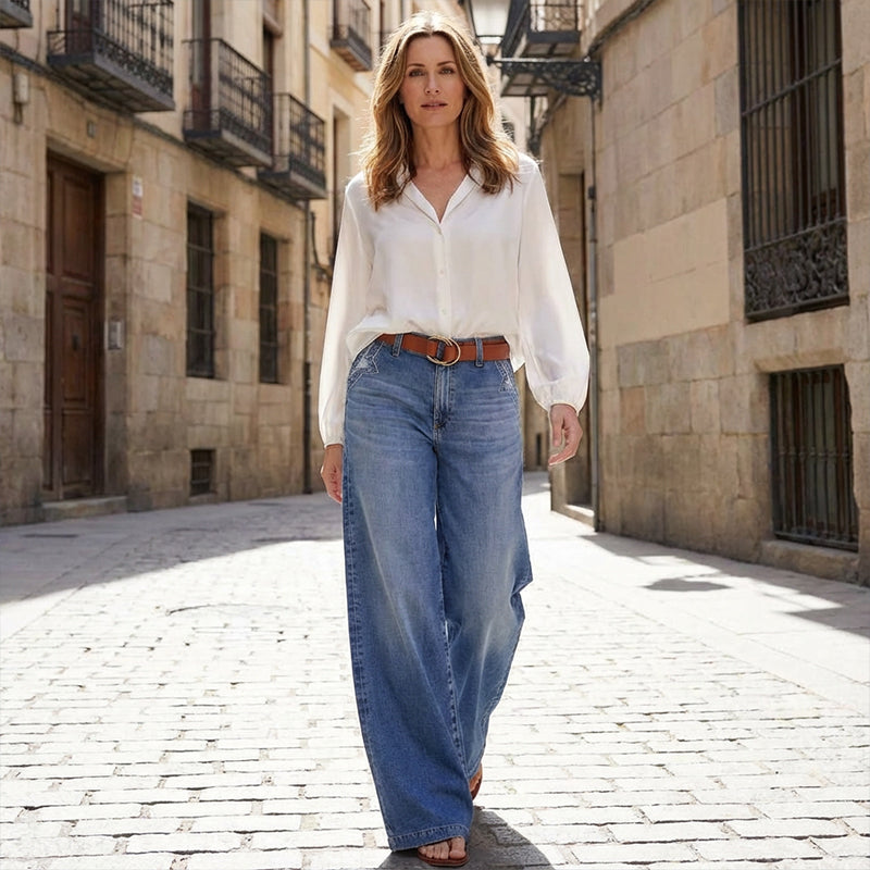 Blue Denim Wide-Leg Jeans with High Waist for Women