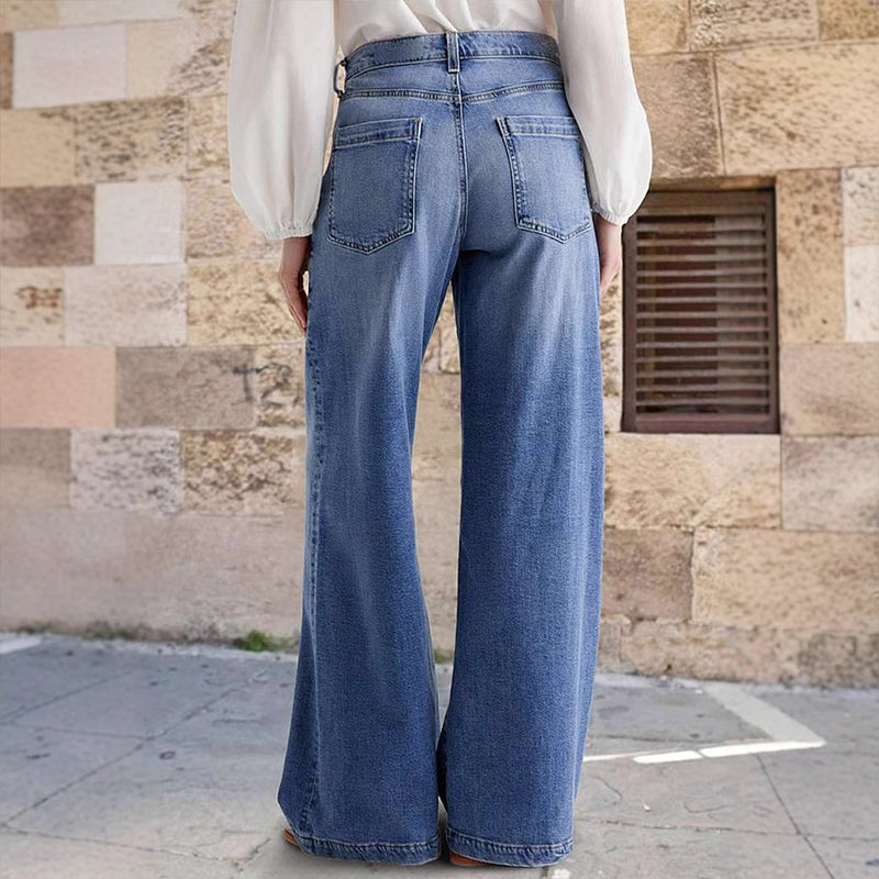 Blue Denim Wide-Leg Jeans with High Waist for Women