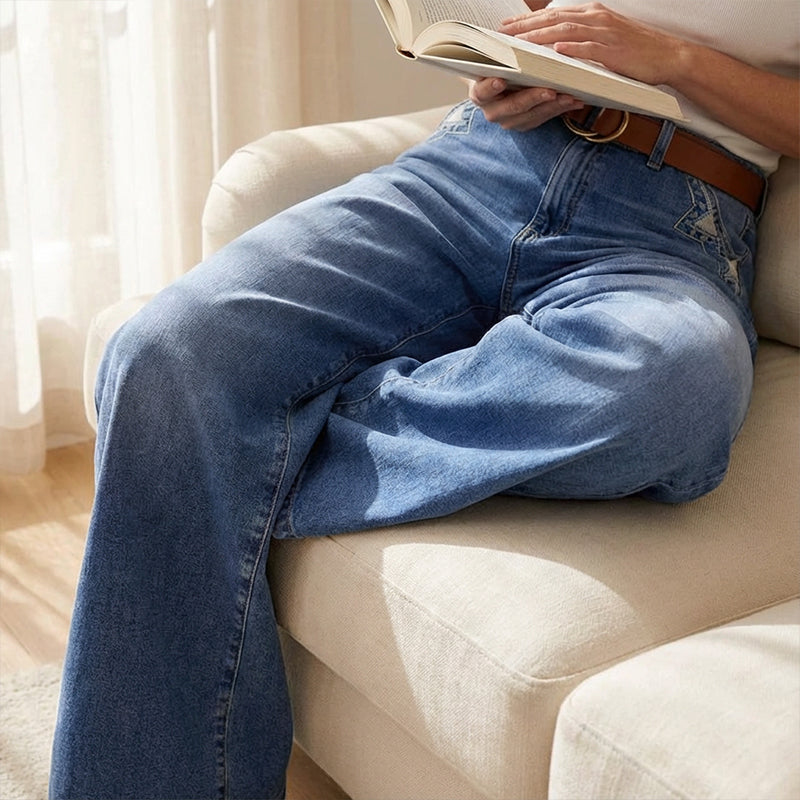 Blue Denim Wide-Leg Jeans with High Waist for Women