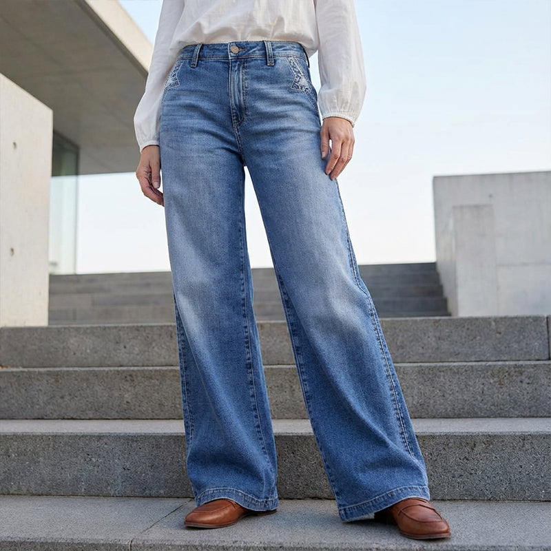Blue Denim Wide-Leg Jeans with High Waist for Women in Blue