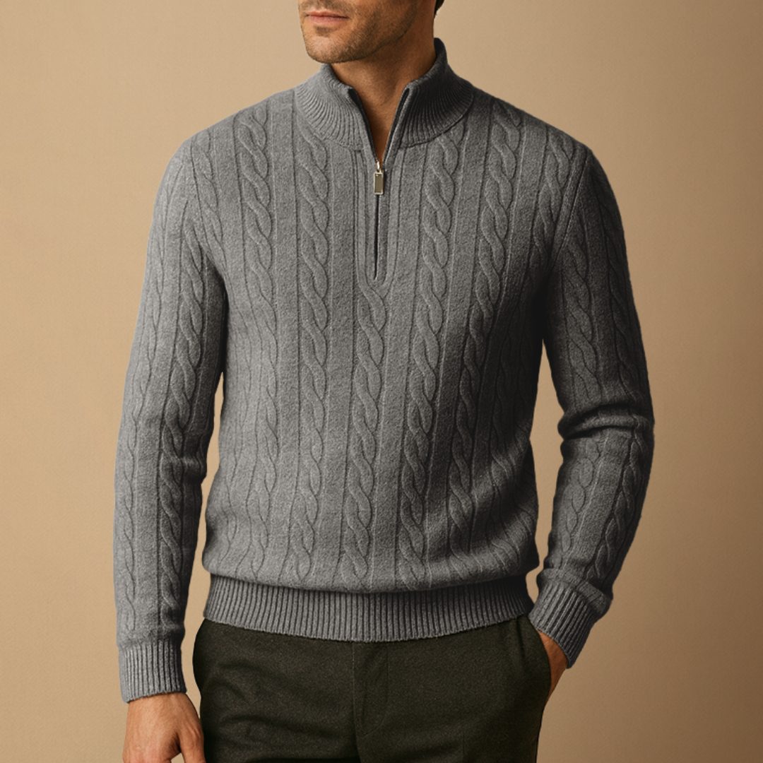Cable Knit Jumper with Half Zip and Raised Texture for Men in Charcoal Grey