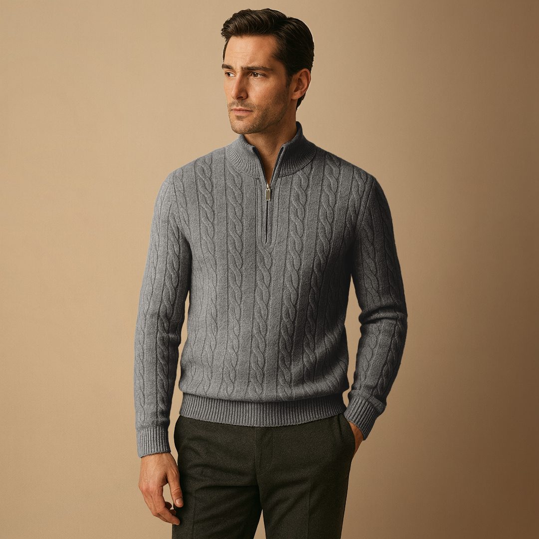 Cable Knit Jumper with Half Zip and Raised Texture for Men