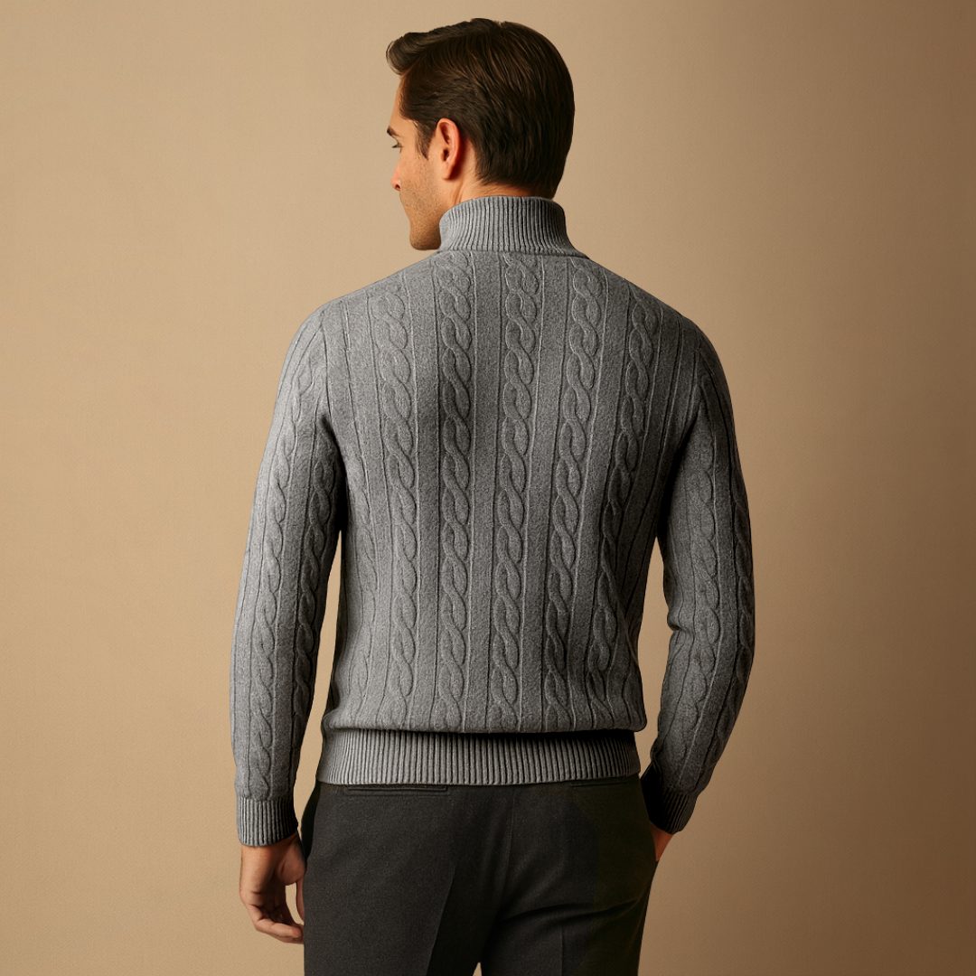 Cable Knit Jumper with Half Zip and Raised Texture for Men