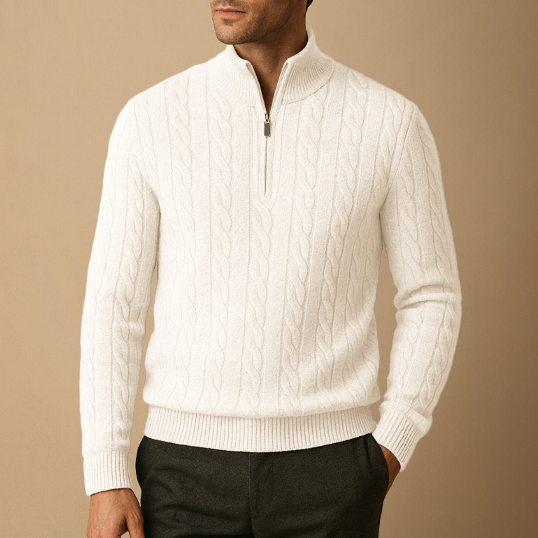 Cable Knit Jumper with Half Zip and Raised Texture for Men in Coffee Beige